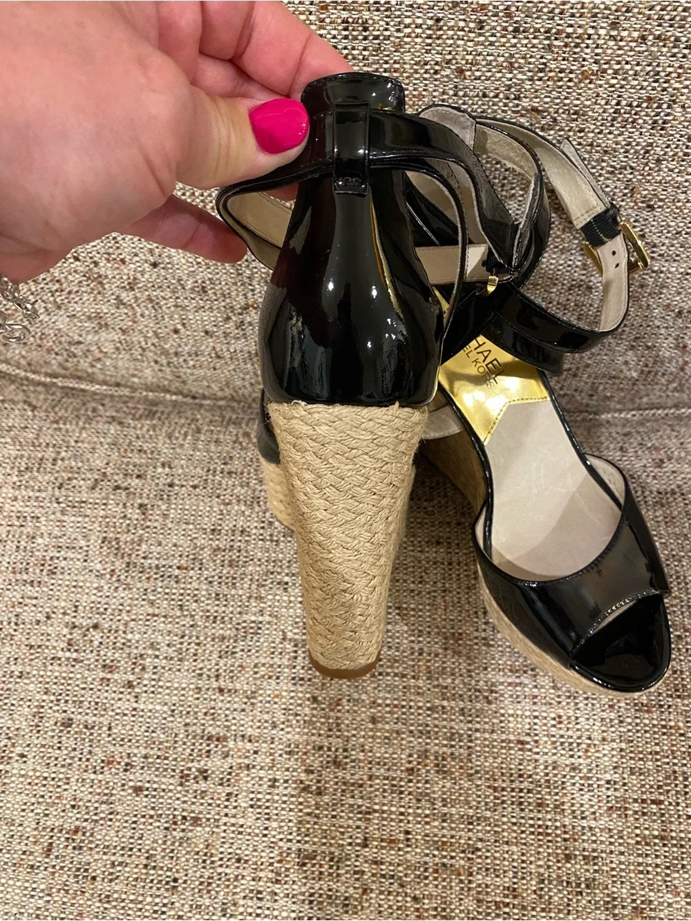 Michael Kors Black Patent Espadrille Platform Wedge Sandals